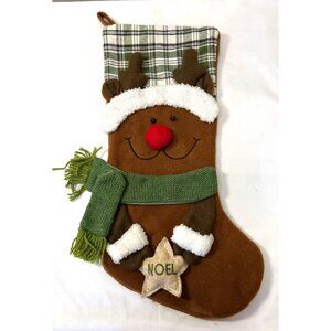 Christmas Reindeer Stocking With Green Plaid Cuff & Noel Star 3D Reindeer Face W